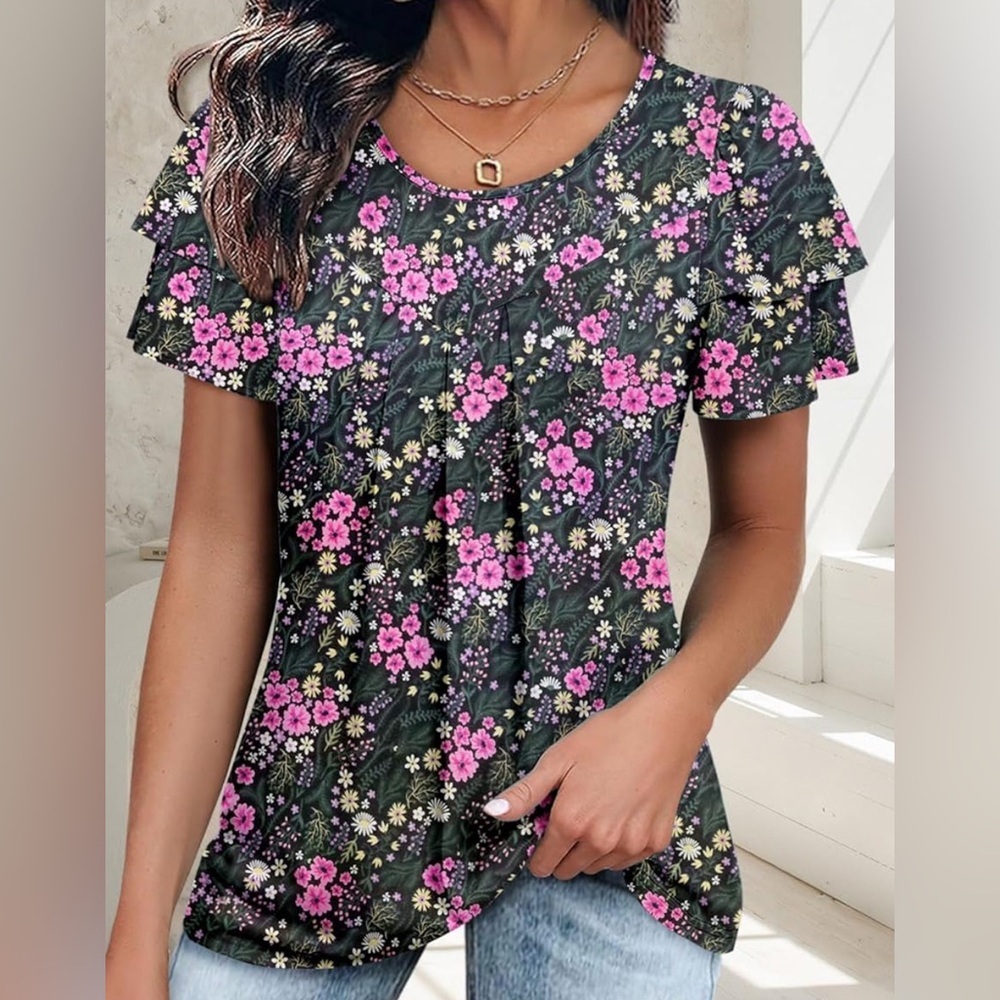 Floral Tiered Flutter Sleeve Pleated Top XL - Picture 1 of 11